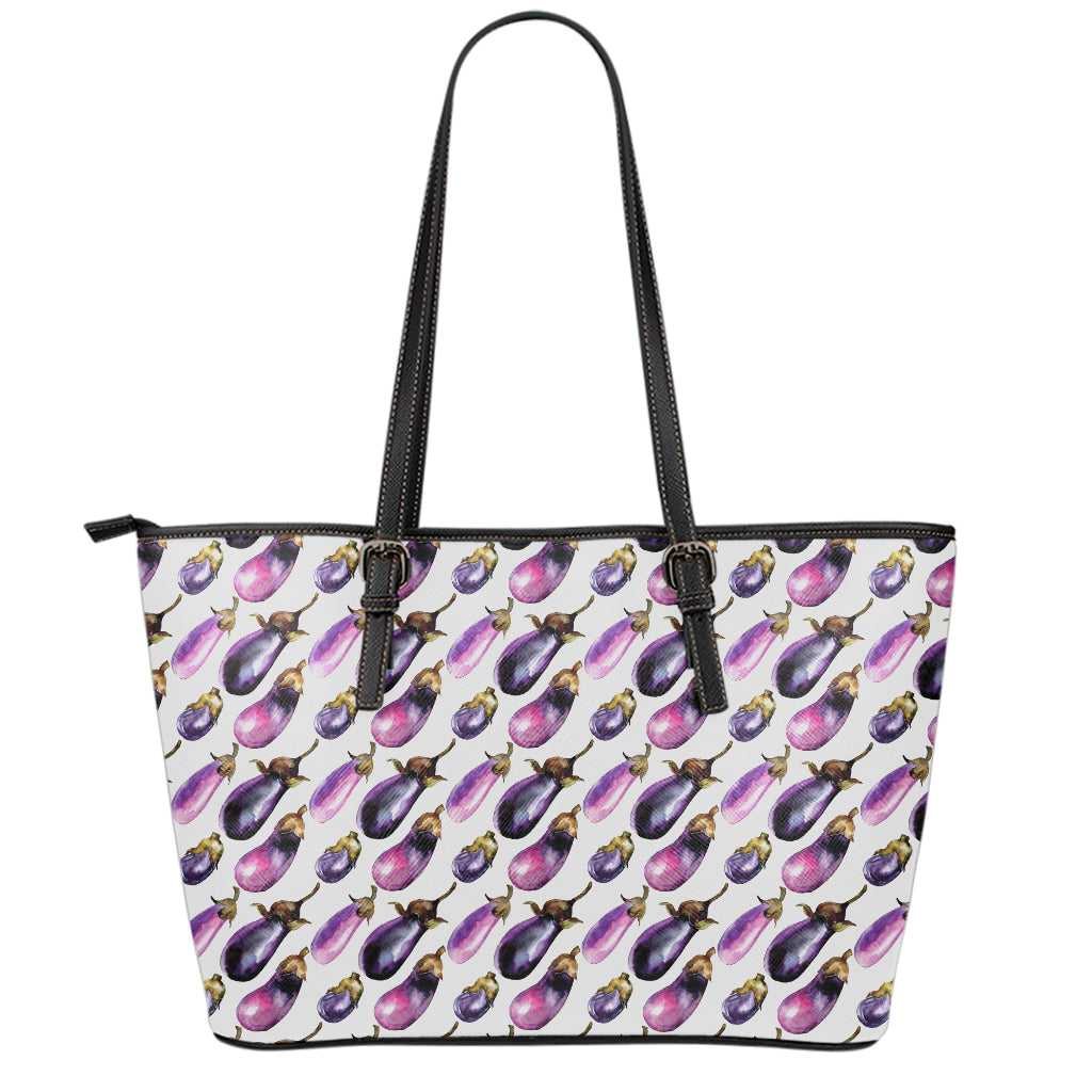 Watercolor Eggplant Pattern Print Leather Tote Bag