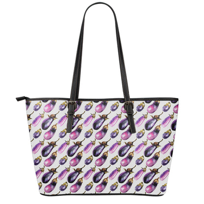 Watercolor Eggplant Pattern Print Leather Tote Bag