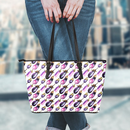 Watercolor Eggplant Pattern Print Leather Tote Bag