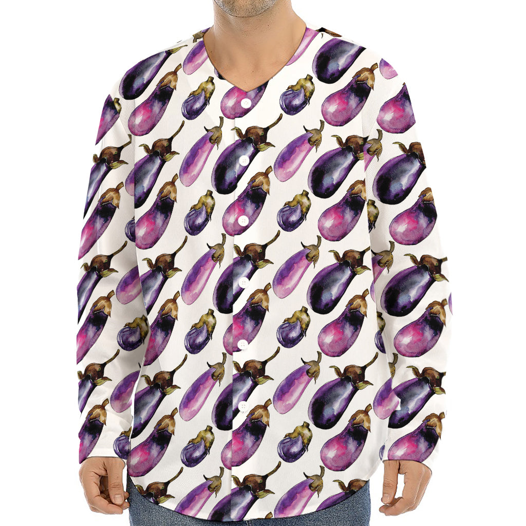 Watercolor Eggplant Pattern Print Long Sleeve Baseball Jersey