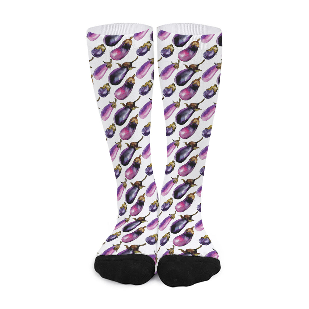 Watercolor Eggplant Pattern Print Long Socks