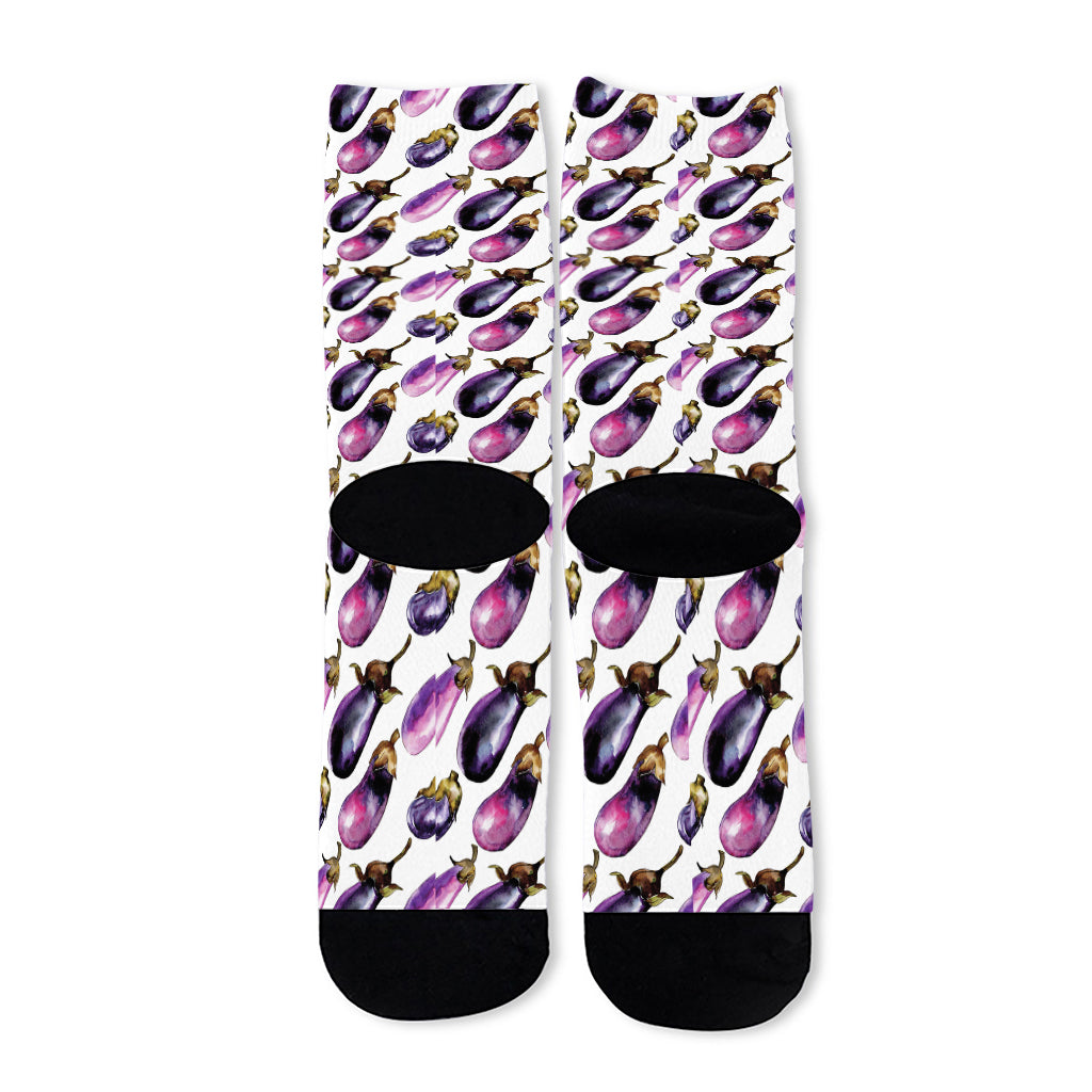 Watercolor Eggplant Pattern Print Long Socks