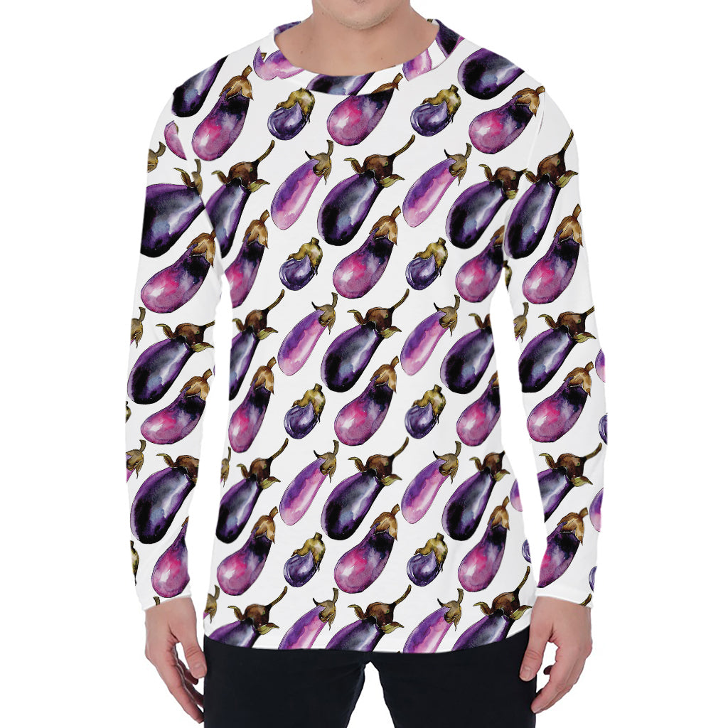 Watercolor Eggplant Pattern Print Men's Long Sleeve T-Shirt