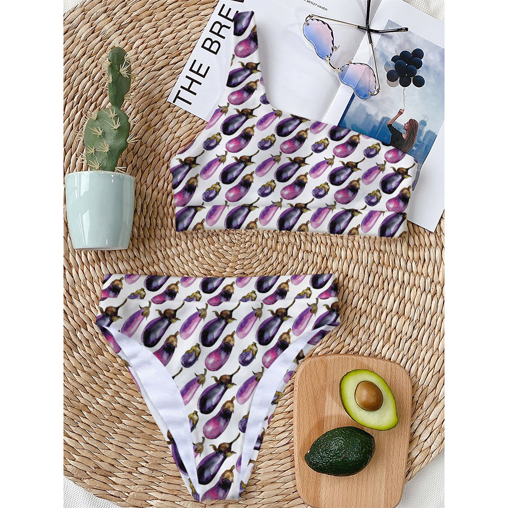 Watercolor Eggplant Pattern Print One Shoulder Bikini Top