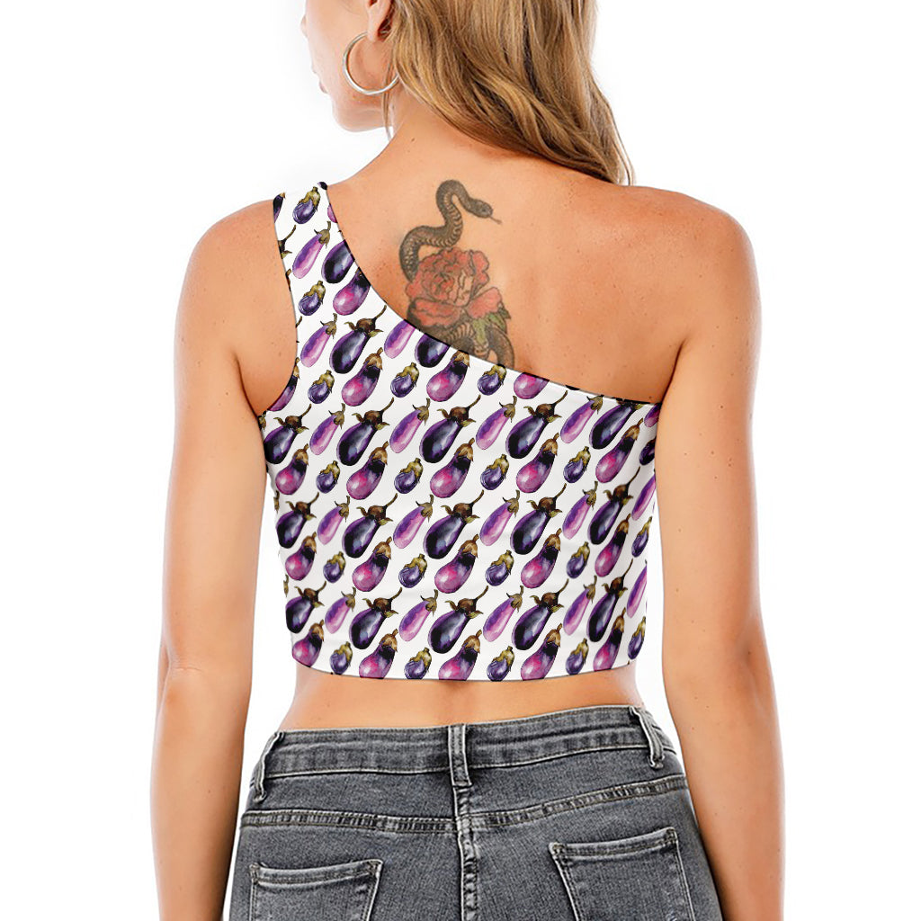 Watercolor Eggplant Pattern Print One Shoulder Crop Top