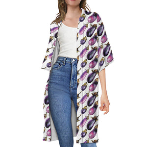 Watercolor Eggplant Pattern Print Open Front Beach Cover Up