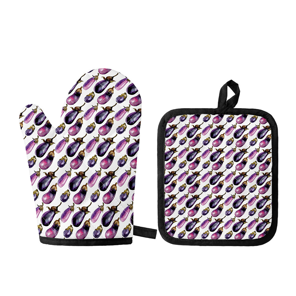 Watercolor Eggplant Pattern Print Oven Mitt And Pot Holder Set