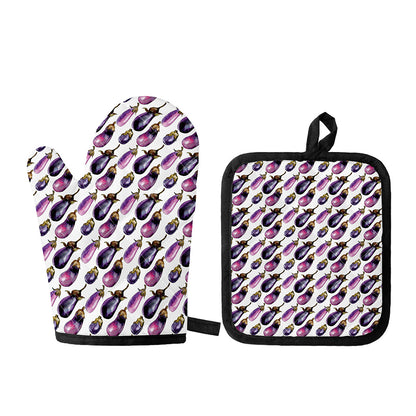 Watercolor Eggplant Pattern Print Oven Mitt And Pot Holder Set