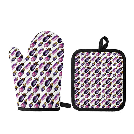 Watercolor Eggplant Pattern Print Oven Mitt And Pot Holder Set
