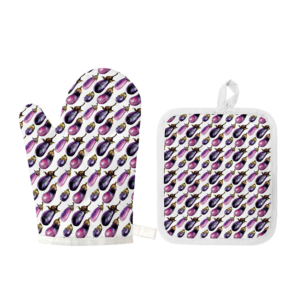 Watercolor Eggplant Pattern Print Oven Mitt And Pot Holder Set