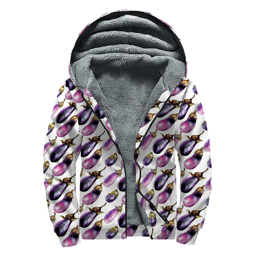 Watercolor Eggplant Pattern Print Sherpa Lined Zip Up Hoodie