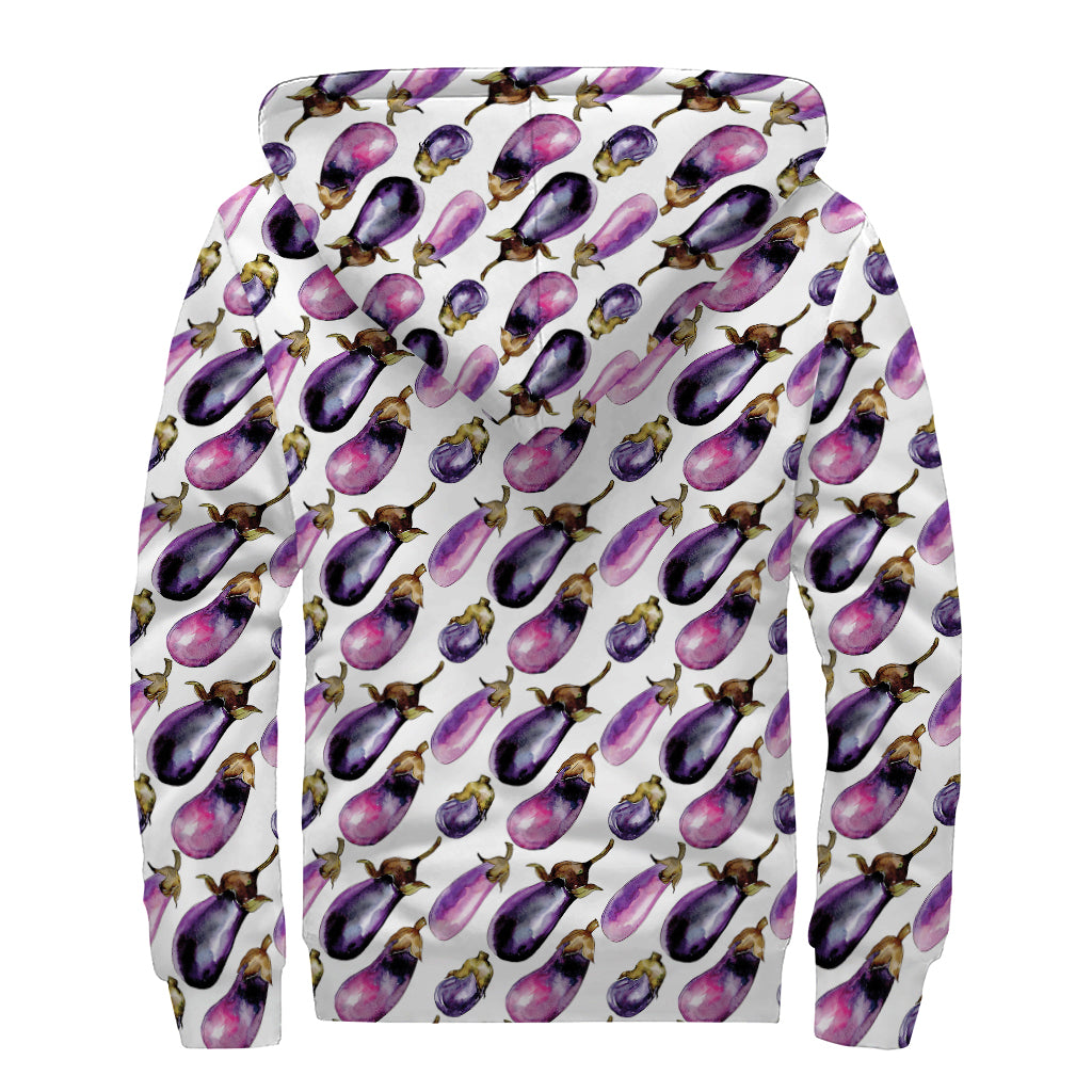 Watercolor Eggplant Pattern Print Sherpa Lined Zip Up Hoodie