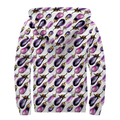 Watercolor Eggplant Pattern Print Sherpa Lined Zip Up Hoodie