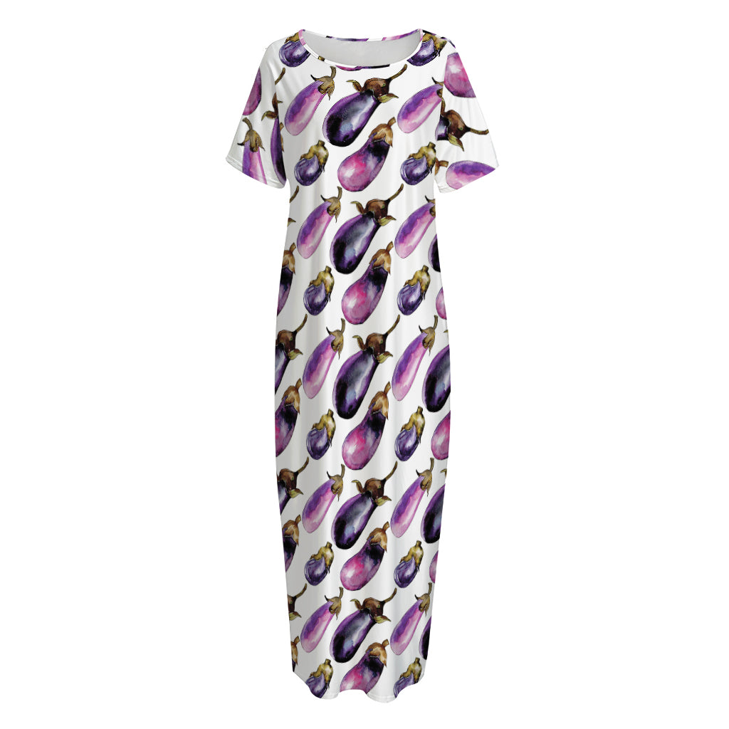 Watercolor Eggplant Pattern Print Short Sleeve Long Nightdress