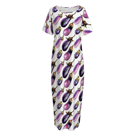 Watercolor Eggplant Pattern Print Short Sleeve Long Nightdress