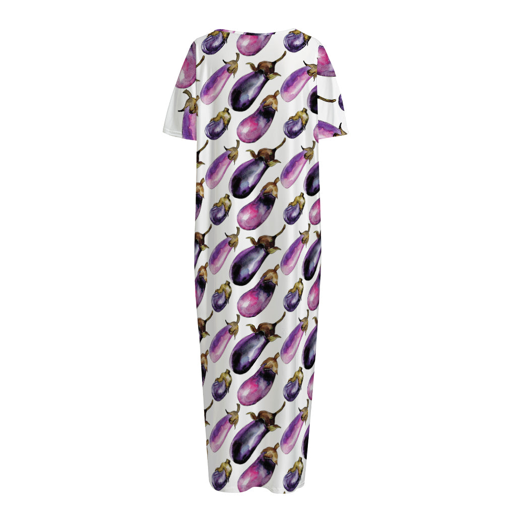 Watercolor Eggplant Pattern Print Short Sleeve Long Nightdress