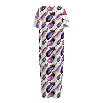 Watercolor Eggplant Pattern Print Short Sleeve Long Nightdress