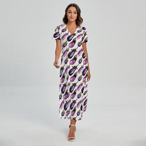 Watercolor Eggplant Pattern Print Short Sleeve Maxi Dress