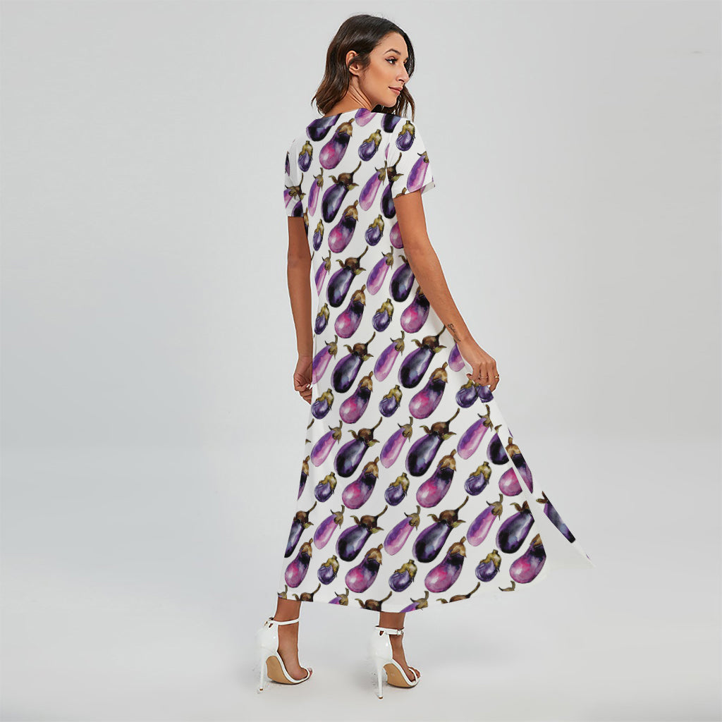 Watercolor Eggplant Pattern Print Short Sleeve Maxi Dress