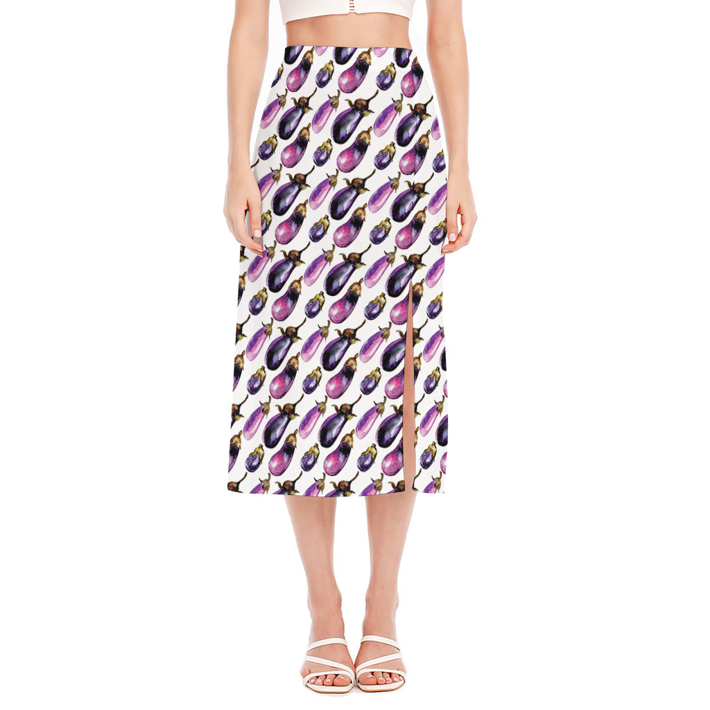 Watercolor Eggplant Pattern Print Side Slit Midi Skirt