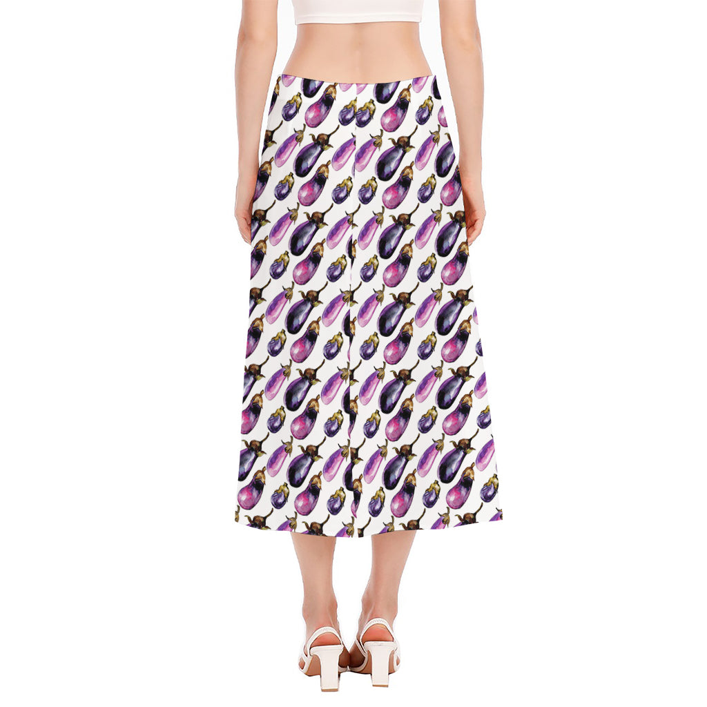 Watercolor Eggplant Pattern Print Side Slit Midi Skirt