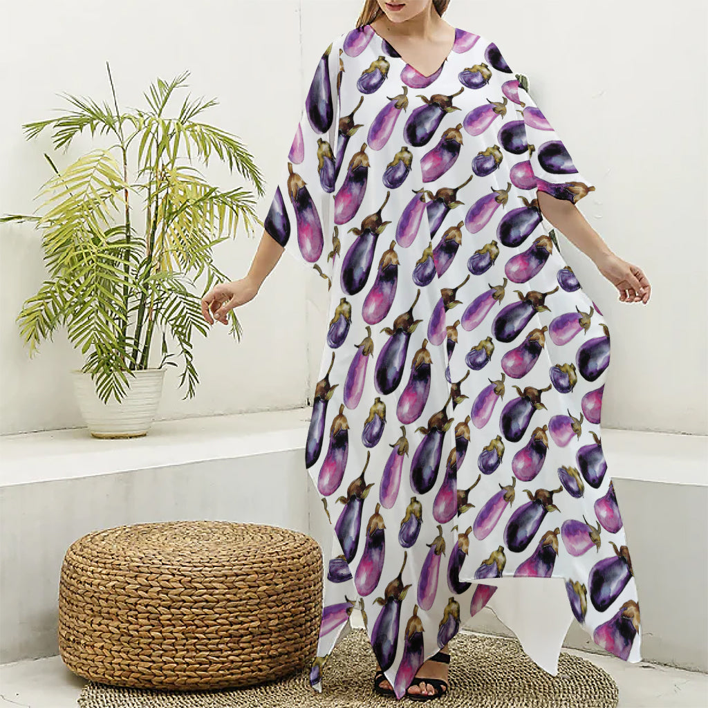 Watercolor Eggplant Pattern Print Silk V-Neck Kaftan Dress