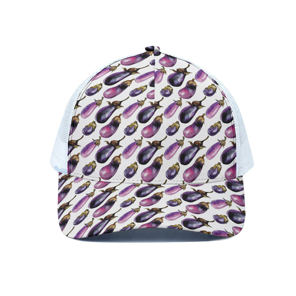 Watercolor Eggplant Pattern Print White Mesh Trucker Cap