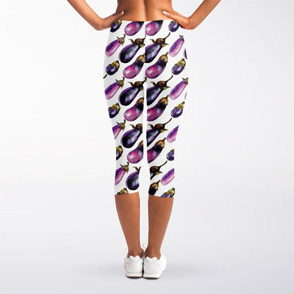 Watercolor Eggplant Pattern Print Women's Capri Leggings