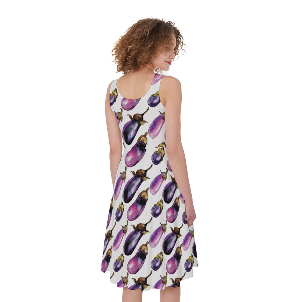 Watercolor Eggplant Pattern Print Women's Sleeveless Dress