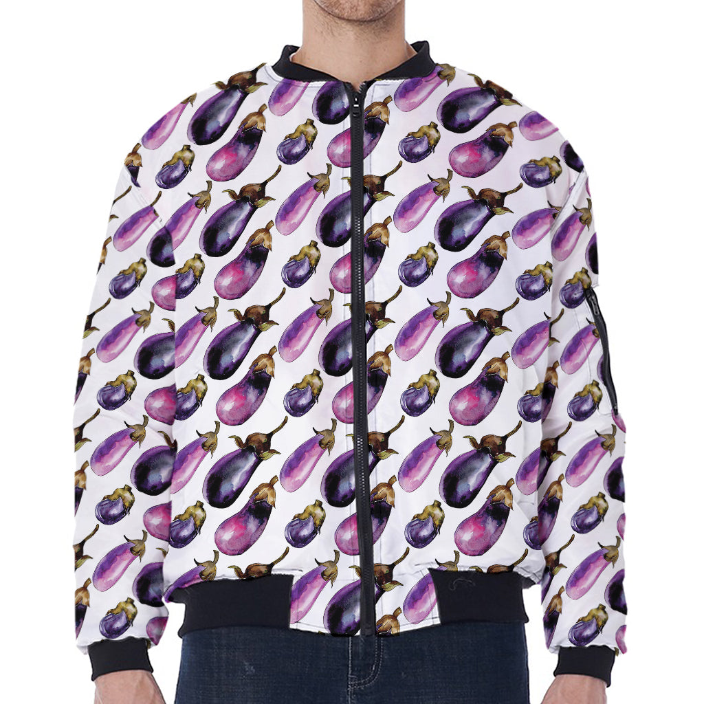 Watercolor Eggplant Pattern Print Zip Sleeve Bomber Jacket