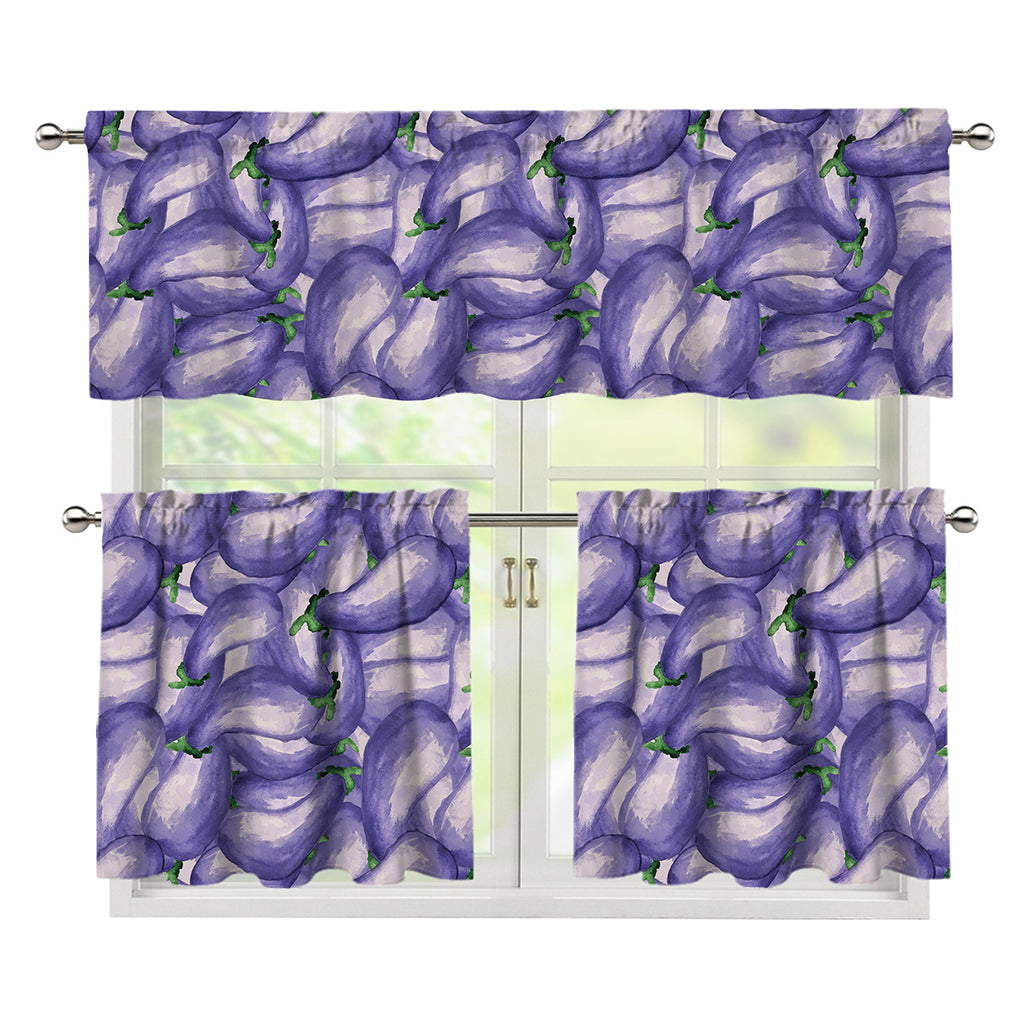 Watercolor Eggplant Print 3 Piece Kitchen Curtains