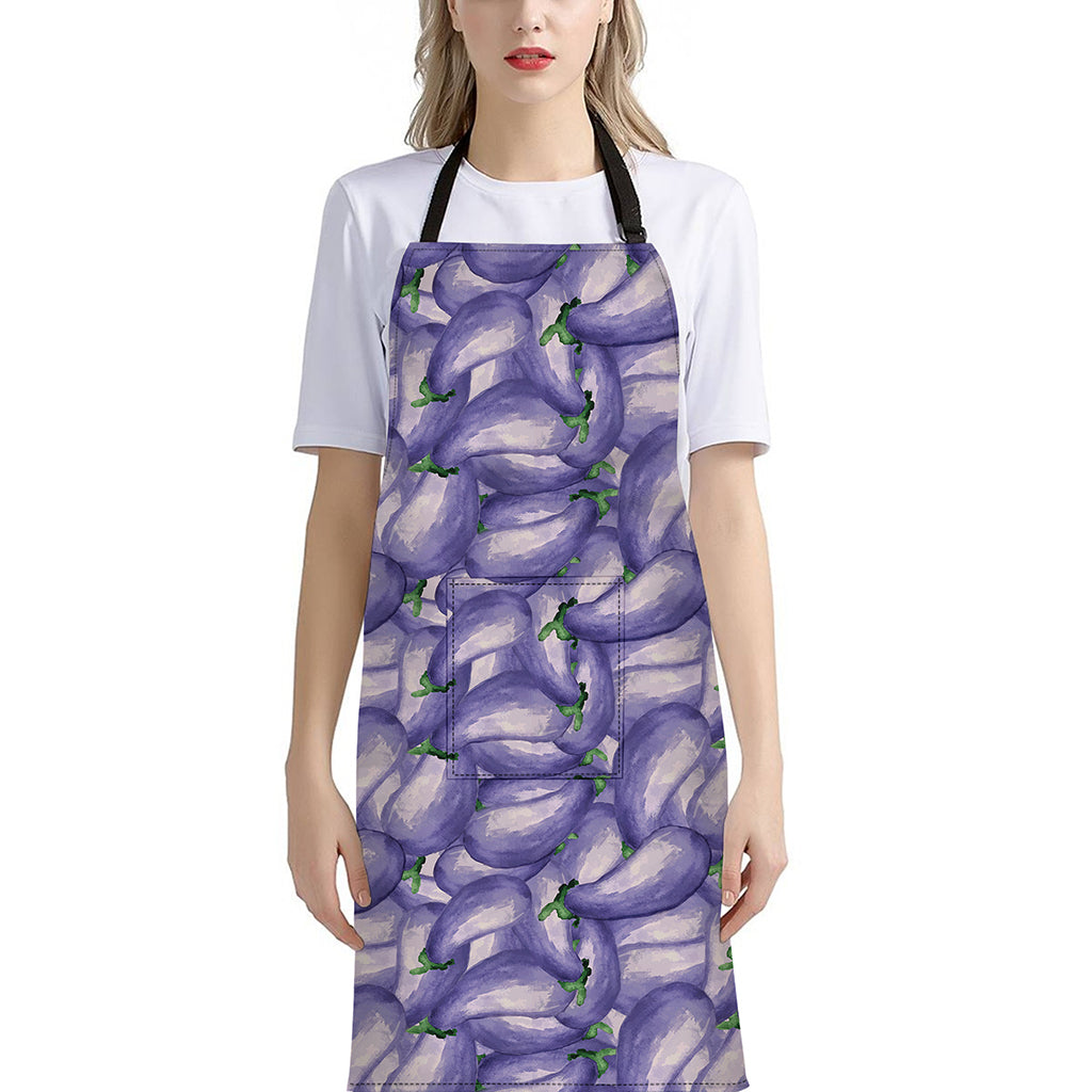 Watercolor Eggplant Print Bib Apron With Pocket