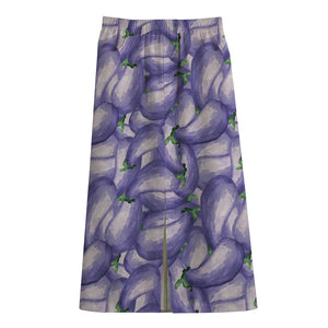 Watercolor Eggplant Print Cotton Front Slit Maxi Skirt