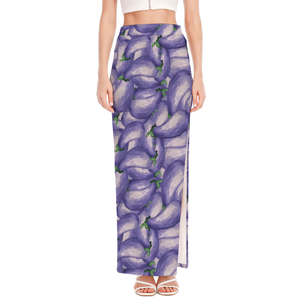 Watercolor Eggplant Print High Slit Maxi Skirt