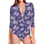 Watercolor Eggplant Print Long Sleeve Swimsuit