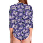 Watercolor Eggplant Print Long Sleeve Swimsuit