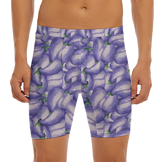 Watercolor Eggplant Print Men's Long Boxer Briefs