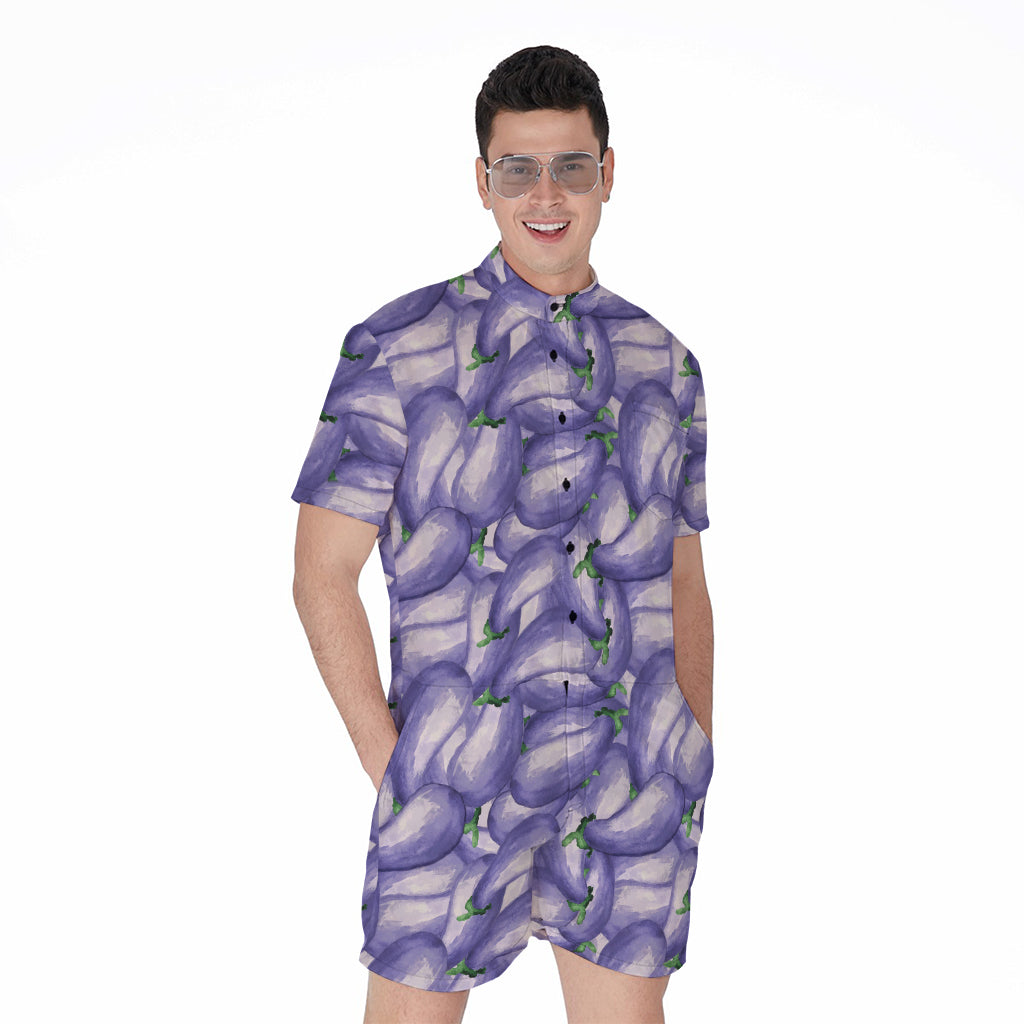 Watercolor Eggplant Print Men's Rompers