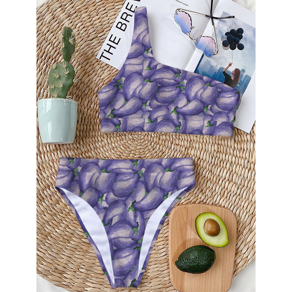 Watercolor Eggplant Print One Shoulder Bikini Top