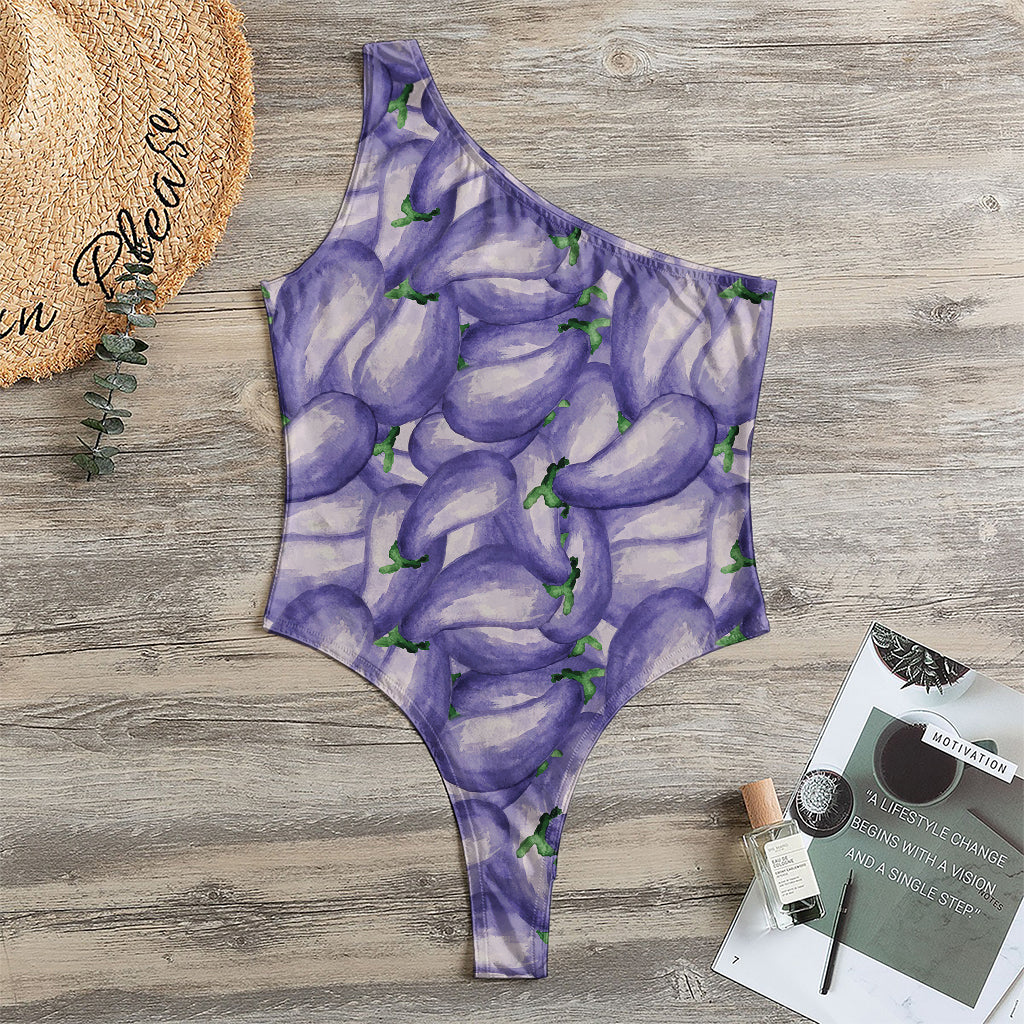 Watercolor Eggplant Print One Shoulder Bodysuit