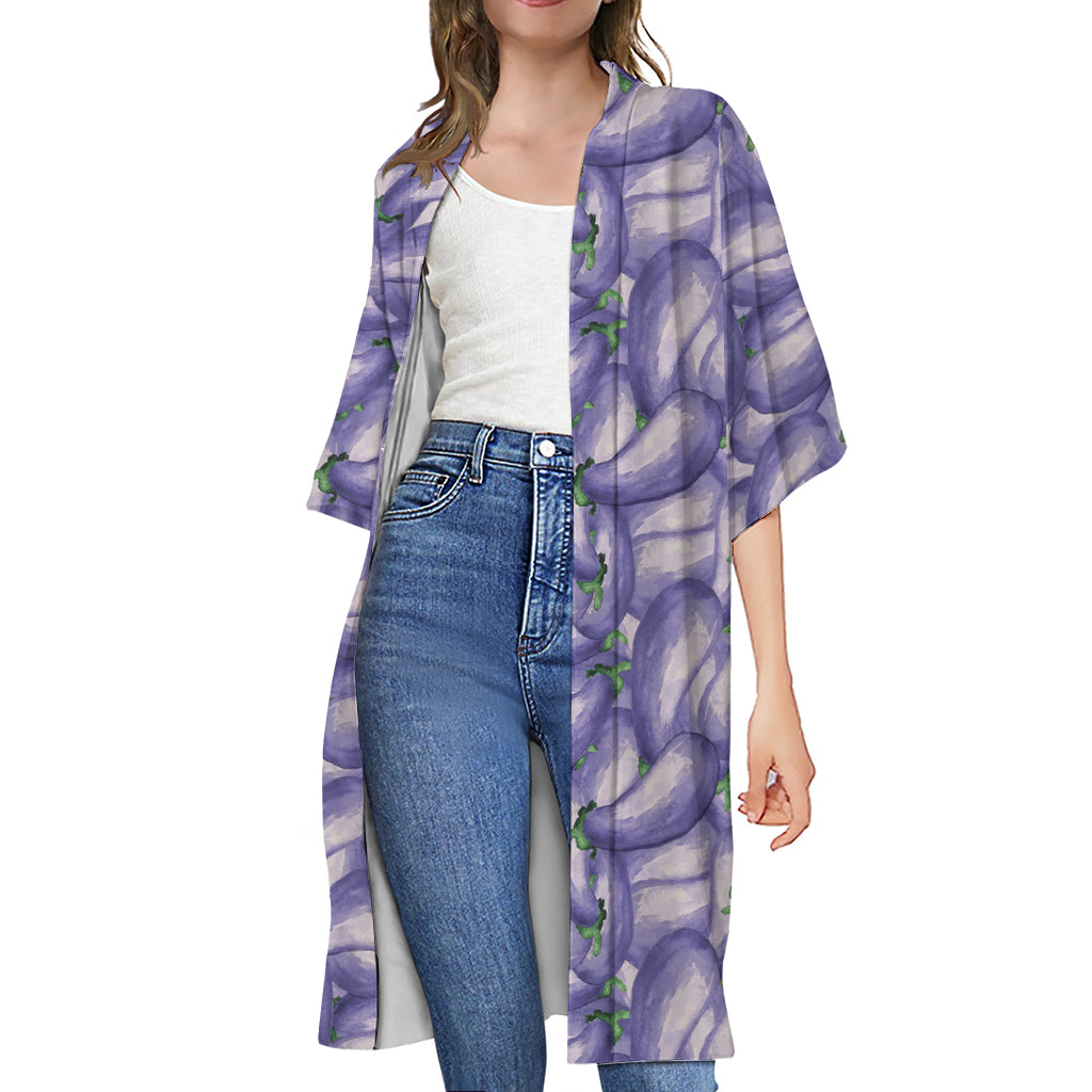 Watercolor Eggplant Print Open Front Beach Cover Up