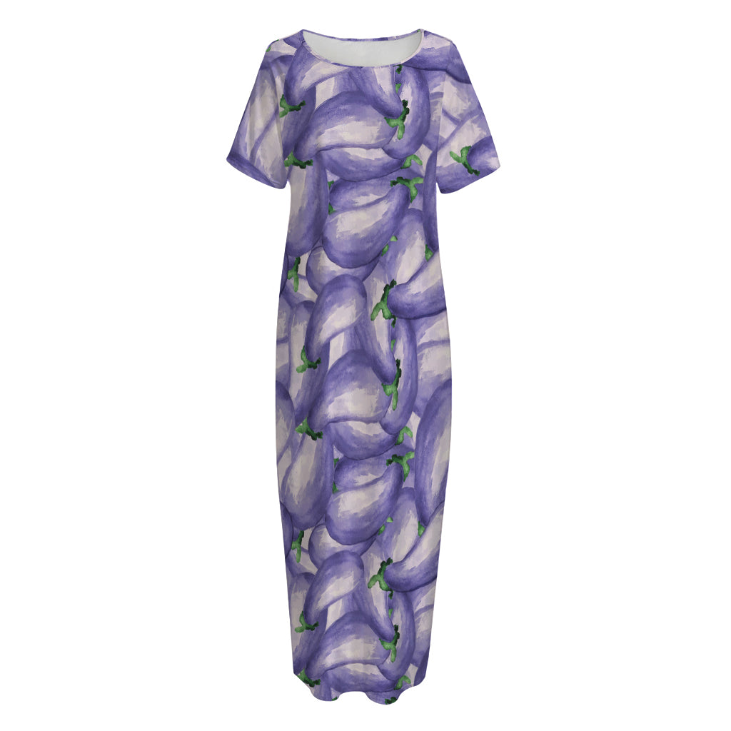 Watercolor Eggplant Print Short Sleeve Long Nightdress