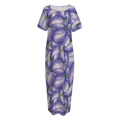 Watercolor Eggplant Print Short Sleeve Long Nightdress