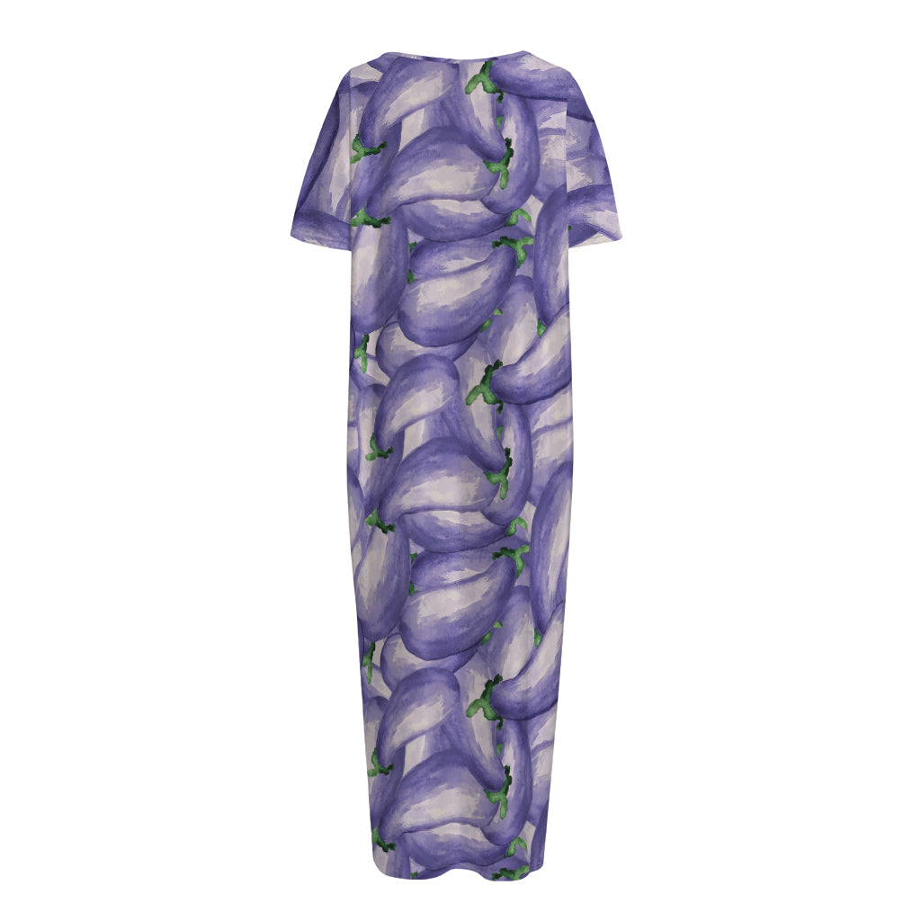 Watercolor Eggplant Print Short Sleeve Long Nightdress