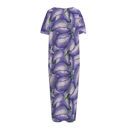 Watercolor Eggplant Print Short Sleeve Long Nightdress