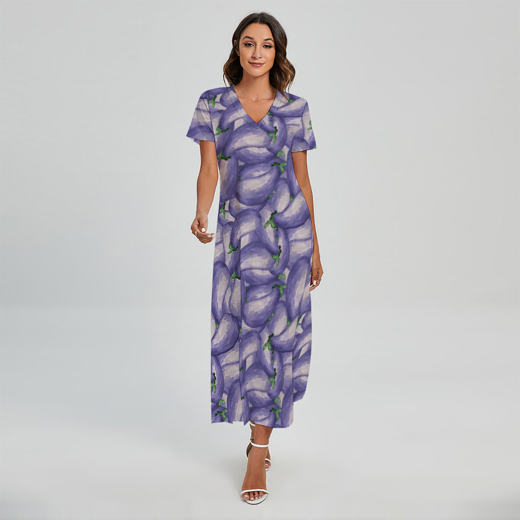 Watercolor Eggplant Print Short Sleeve Maxi Dress