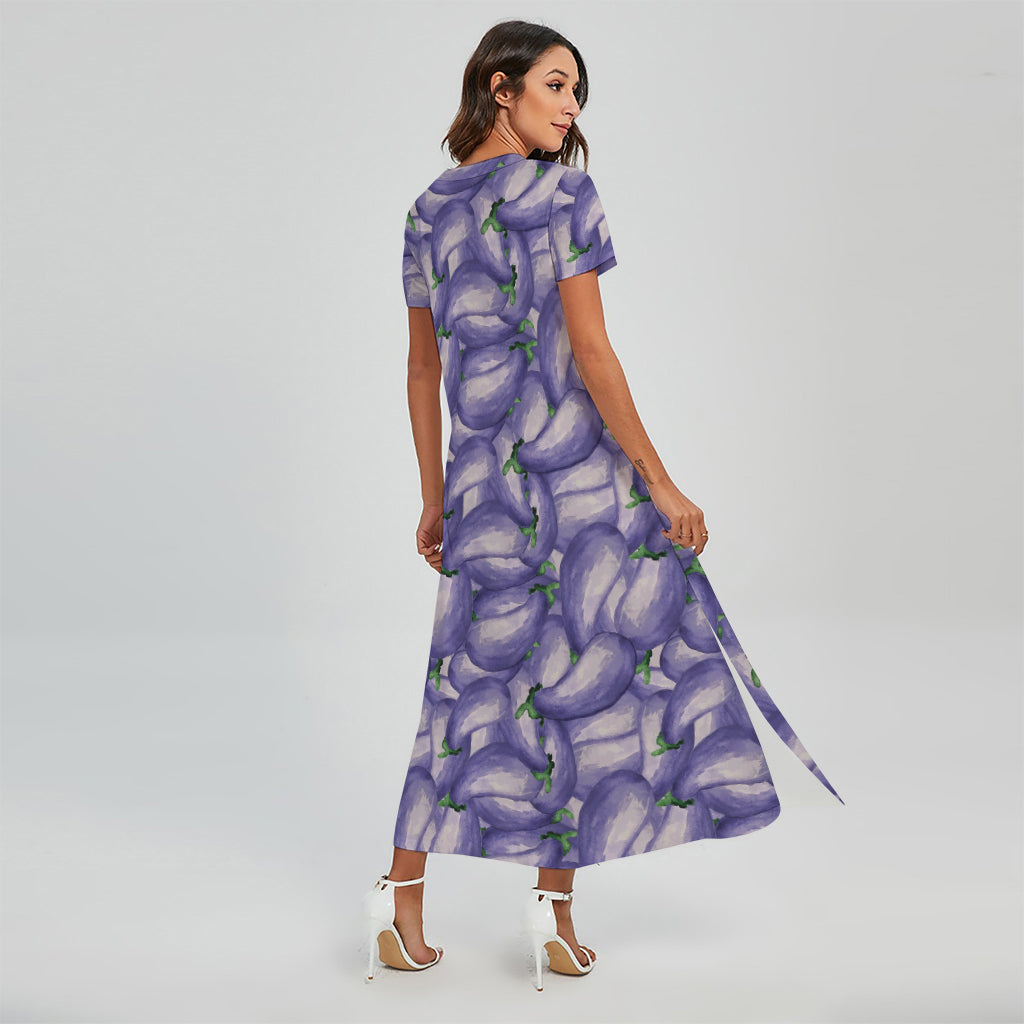 Watercolor Eggplant Print Short Sleeve Maxi Dress