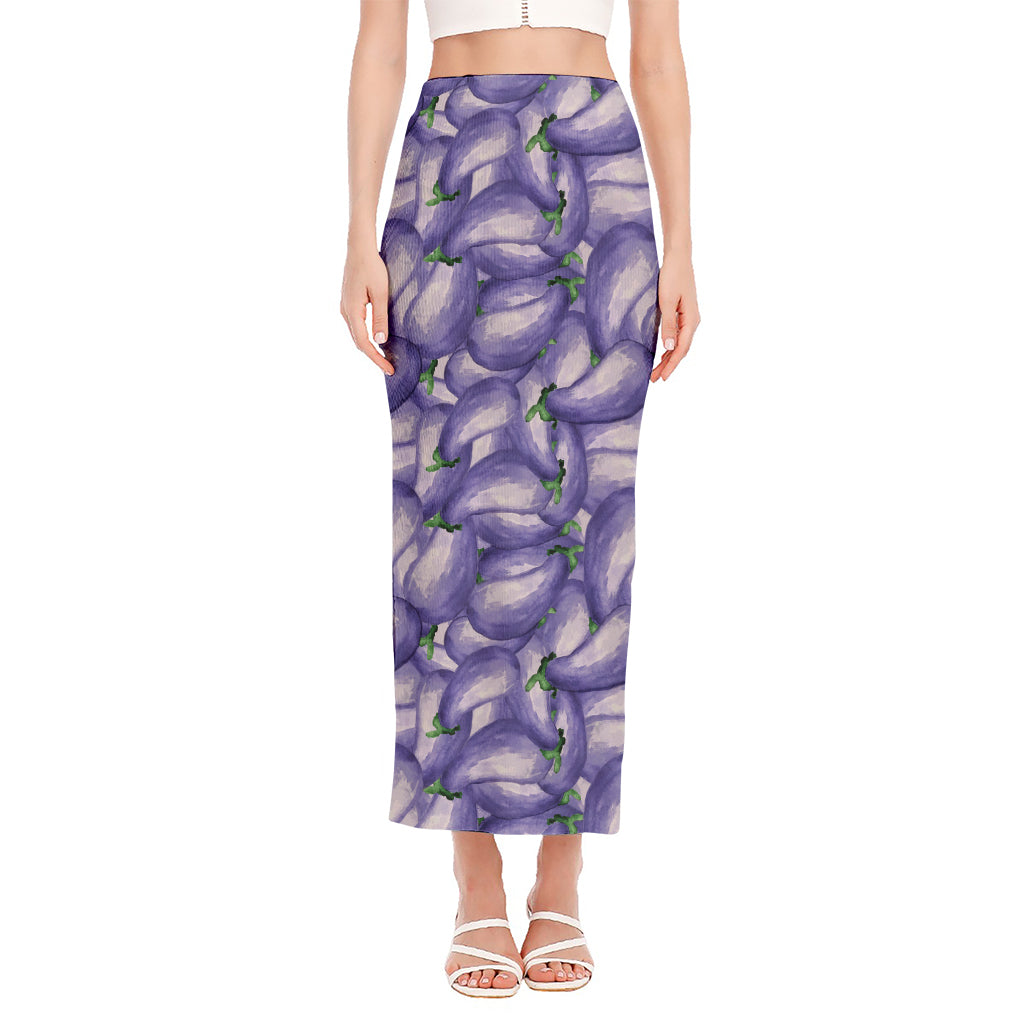 Watercolor Eggplant Print Side Slit Maxi Skirt