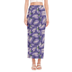 Watercolor Eggplant Print Side Slit Maxi Skirt