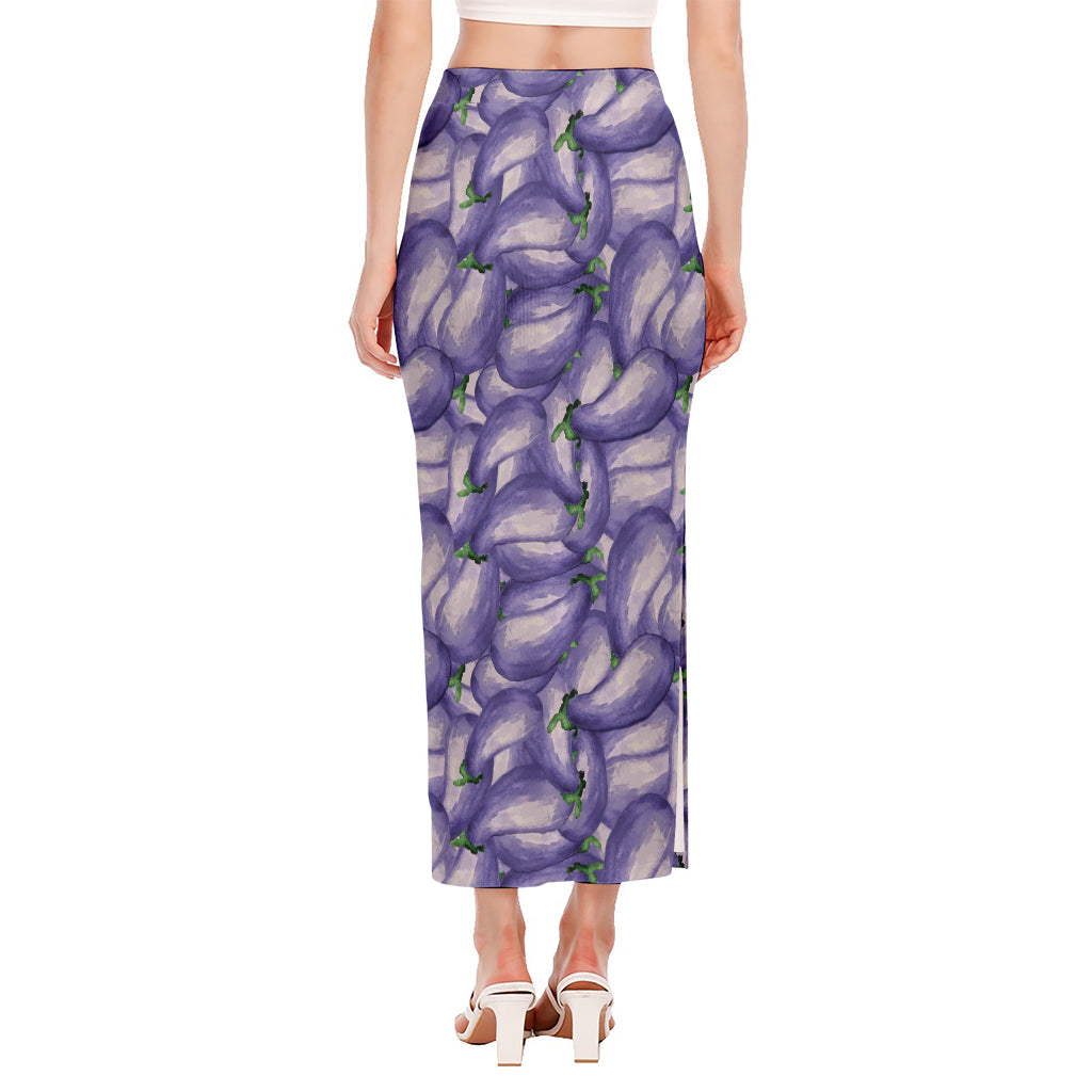 Watercolor Eggplant Print Side Slit Maxi Skirt